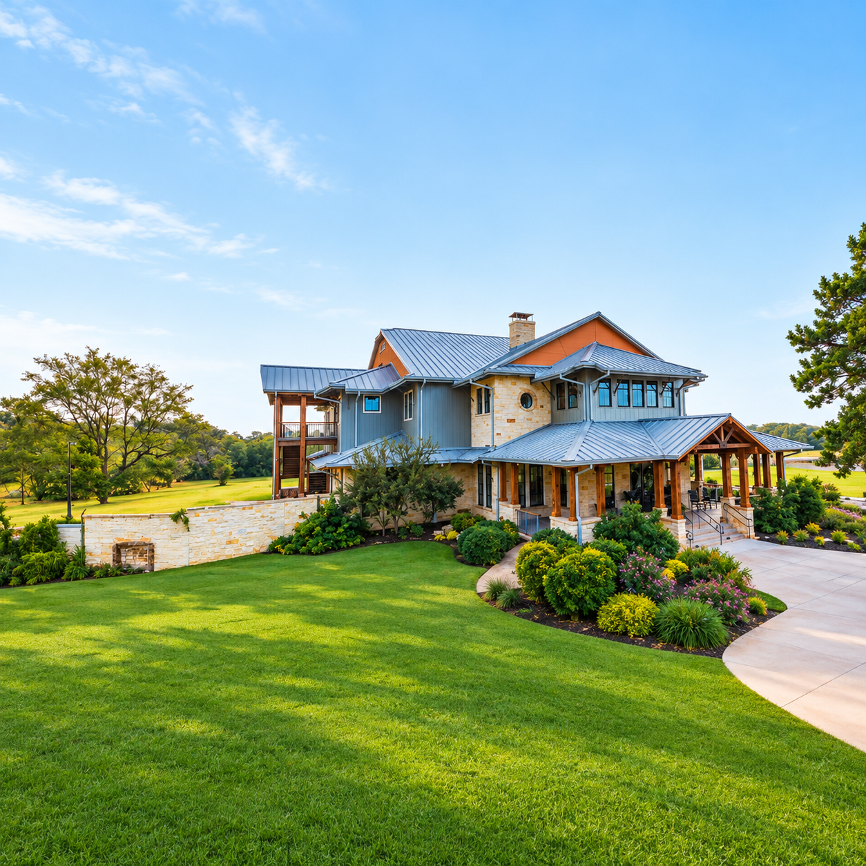 Rustic modern house surrounded by gardens